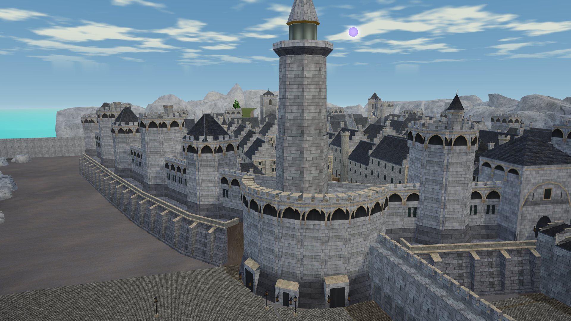 Caerdun's lighthouse over the harbour and the Sea Ramparts.