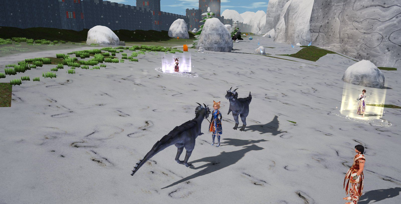 A Samurai, a Monk, a Black Mage and a White Mage fight drakes on the snow.