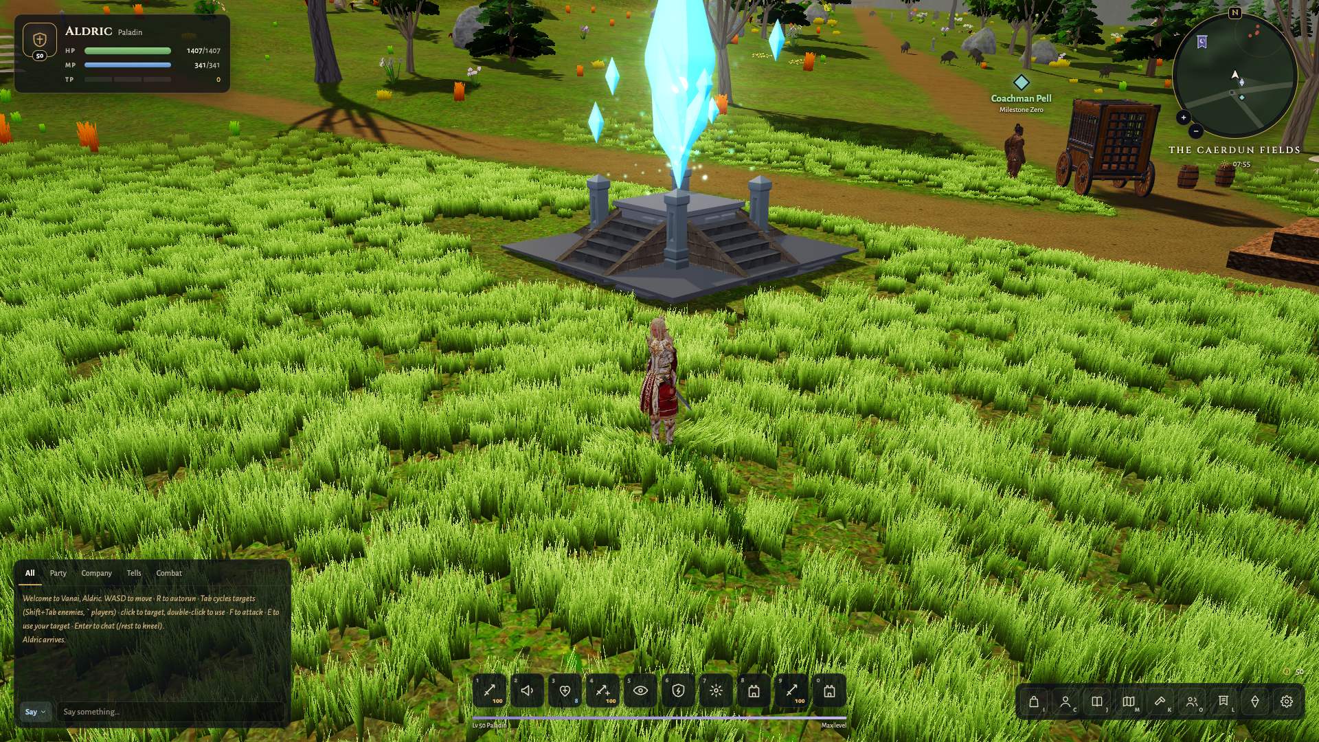 A level-50 Paladin by the Milestone Zero crystal, with the full interface.