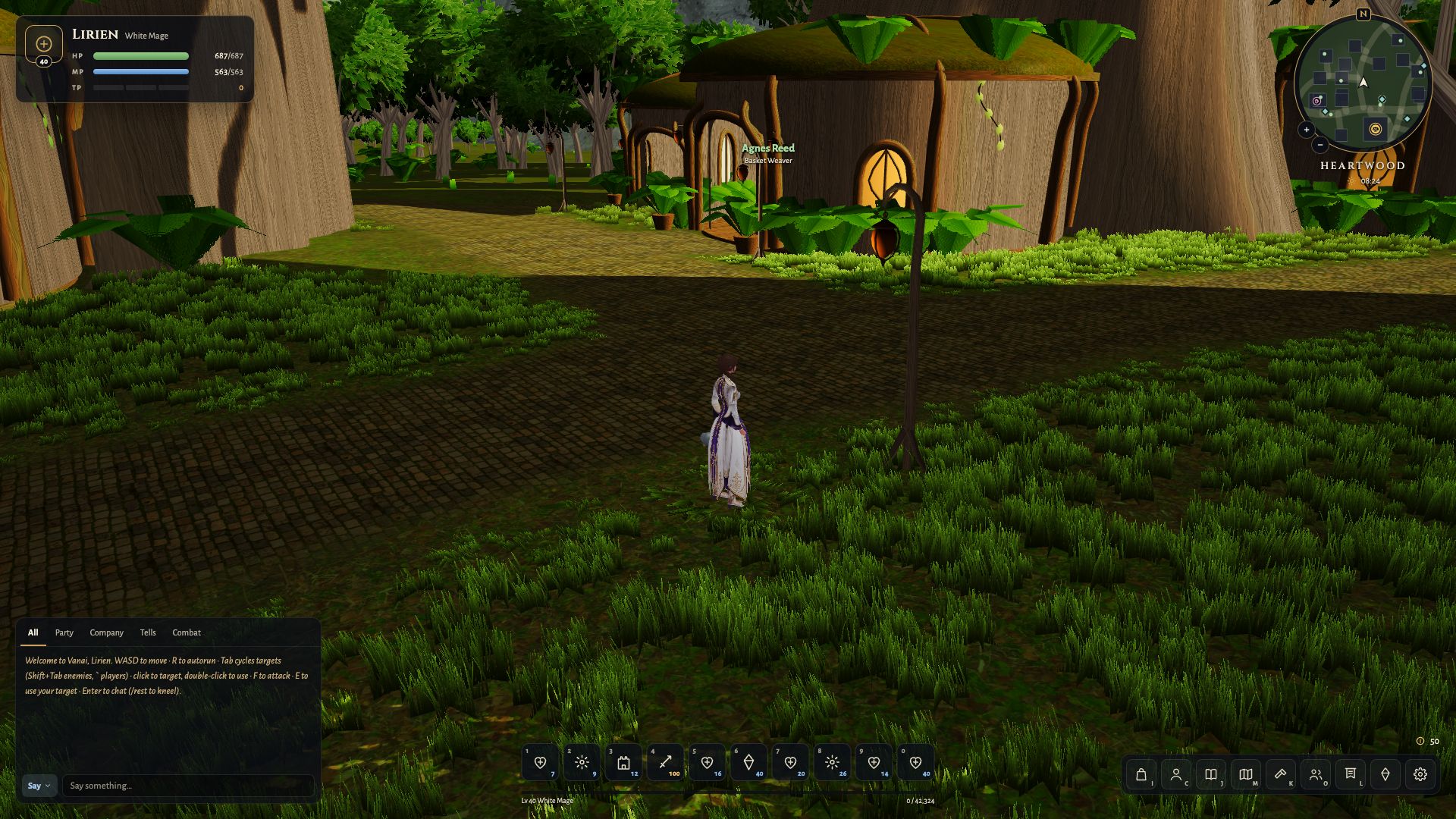 The game's interface: party frame, chat, action bar, minimap and the menu dock.